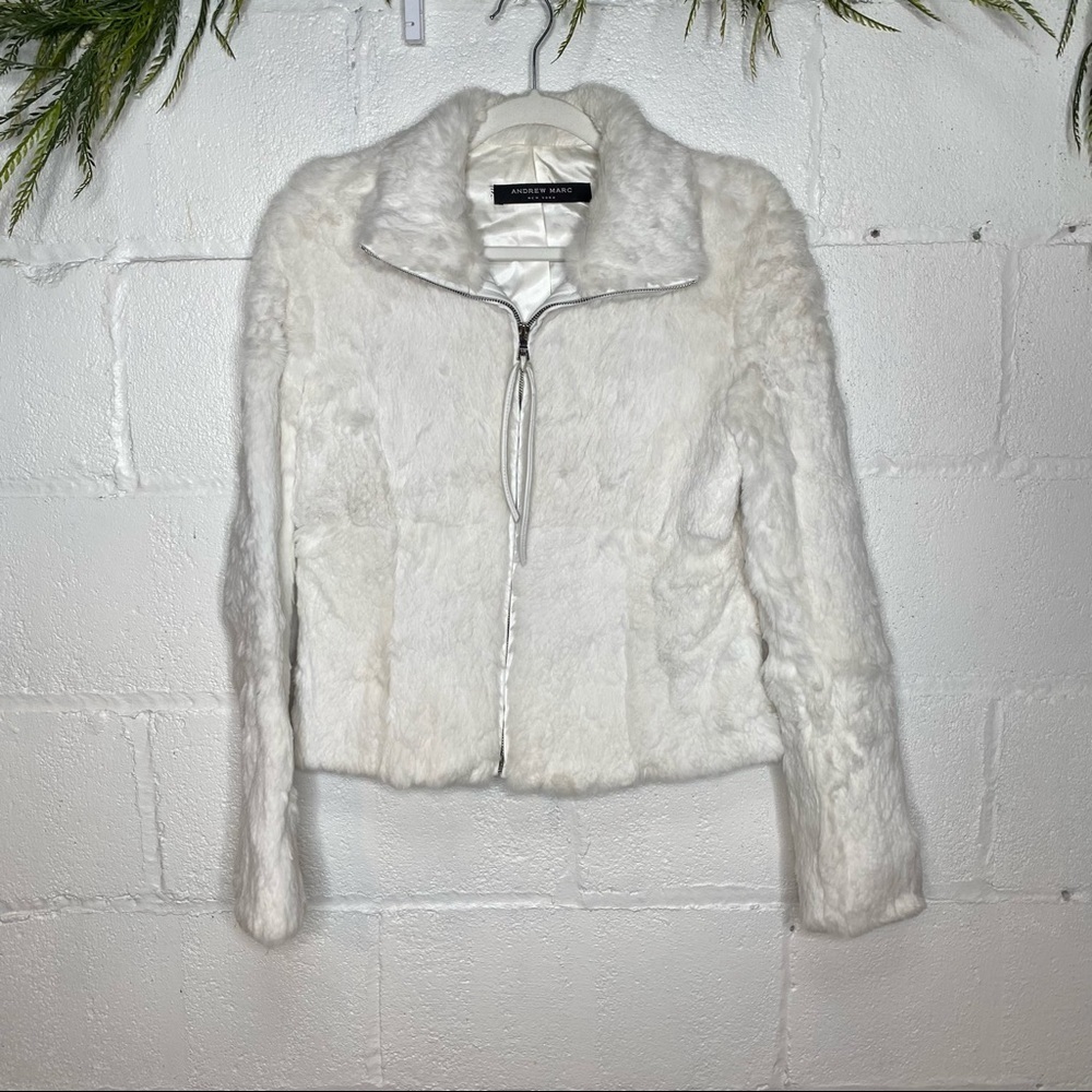 Andrew Marc New York White Rabbit Fur Full Zip Short Jacket Size Large